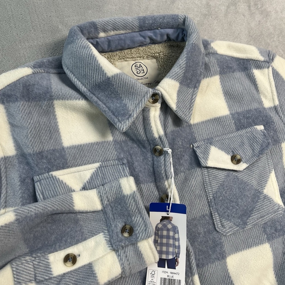 NWT Sage Collective Womens Large Sherpa Lined Shacket Blue White Plaid Button